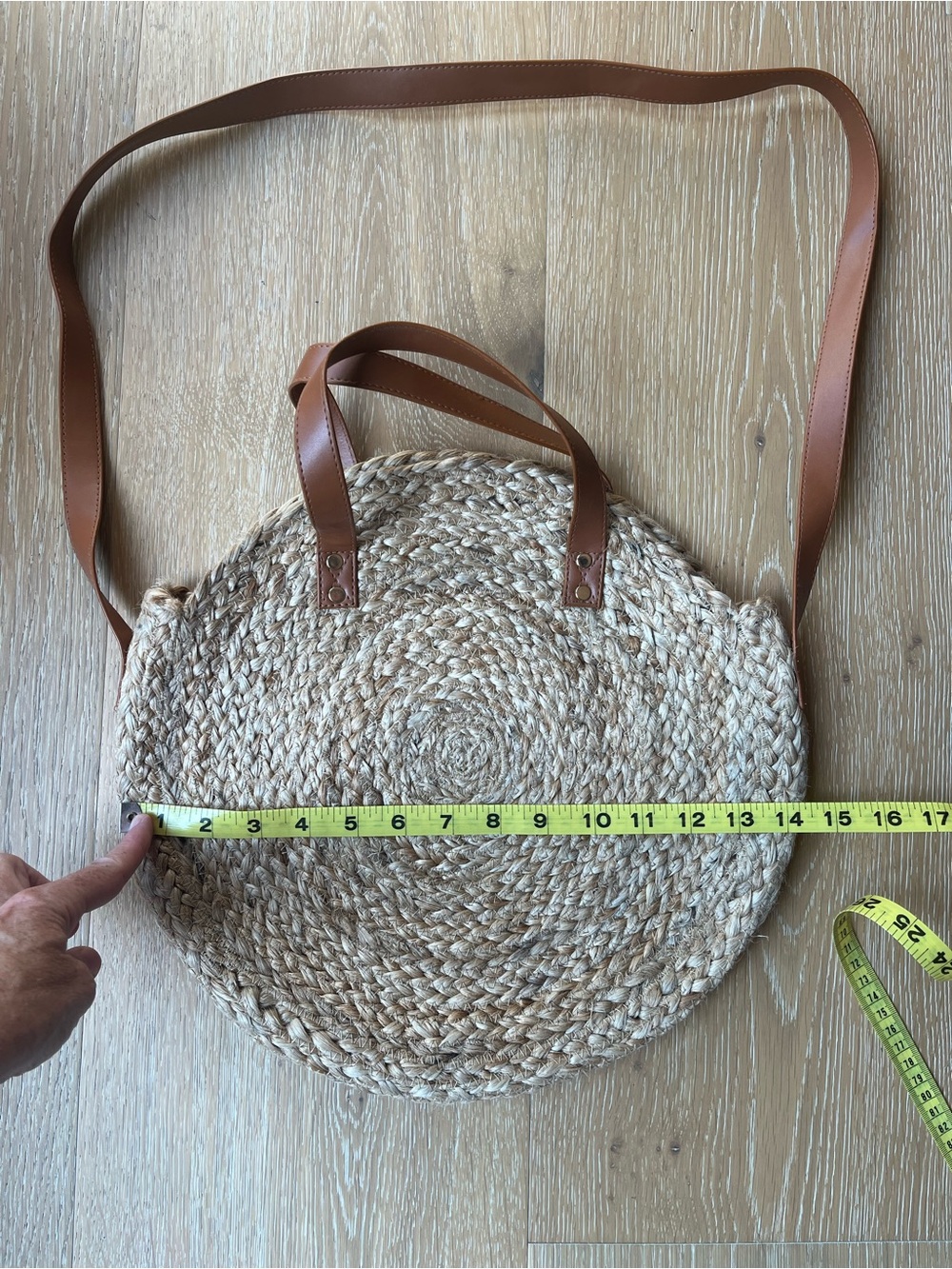 Neutral Woven Round Crossbody Bag with Tan Leather Straps